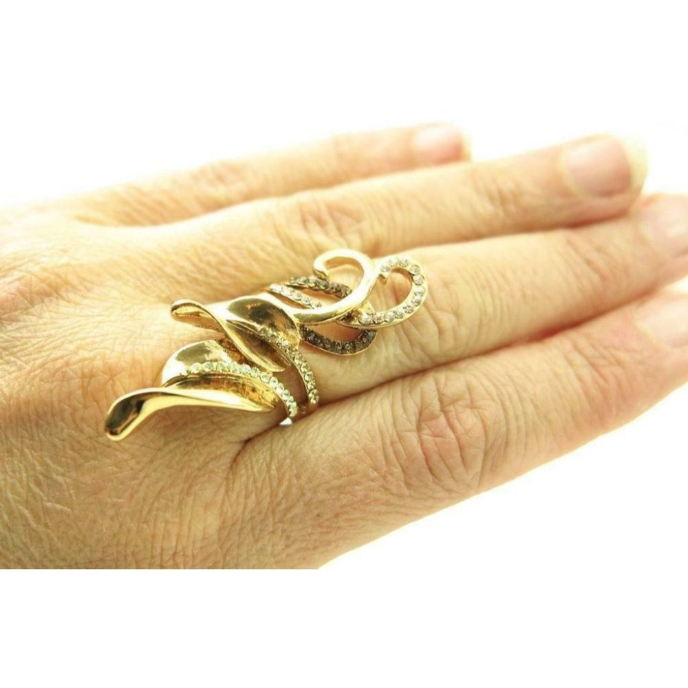 Gold Rhinestone Extra Wide Statement Ring Sz 9‎